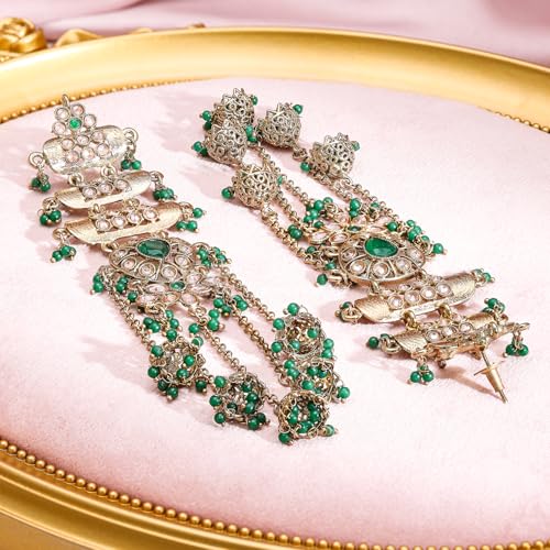 Image of Rubans Long Jhumka Earrings with Ear Chain Pearl Beaded Traditional Wedding Jewellery Gift for Women & Girls
