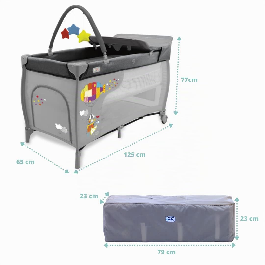 Asalvo Lit de Voyage 120 x 60 Mix Plus pour bébé de 0 à 15 kg /3 en 1. Lit de Voyage et Matelas à Langer Pliable en 30 Secondes avec Hauteur réglable/Gris Zep
