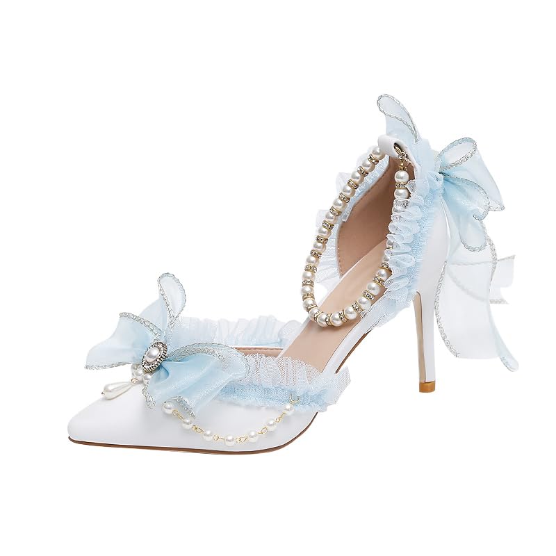 Light Blue Chiffon Bow Pointed Retro Lolita Princess Women's Shoes Pearl one-Word Strap Hollow high Heels