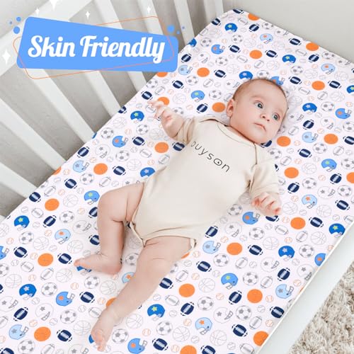 Image of Crib Sheet - 1 Pack Sports Theme Nursery Bedding Sheet - Footballs Printed Standard Size Infant Bed Sheet Basketball Baby Boy Bed Linens for Crib by UOMNY