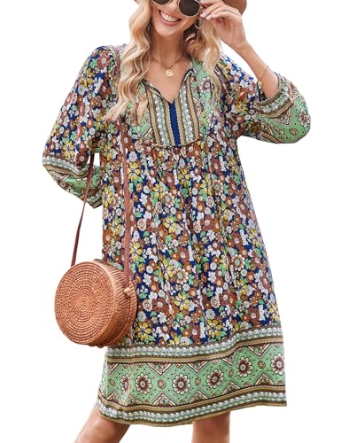Image of Bluetime Women Casual Summer Dress Boho V Neck 3 /4 Sleeve Babydoll Floral Print Flowy Beach Dress