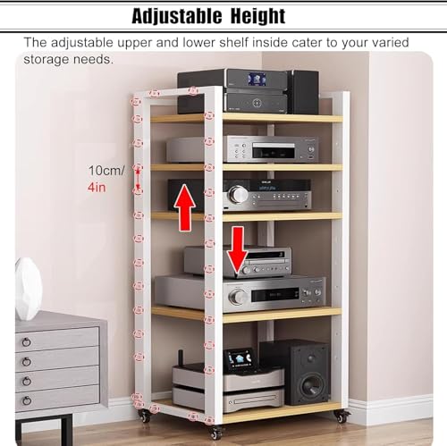 Soporte multimedia rodante para AV con ruedas bloqueables, estantes de almacenamiento y gabinete de componentes para oficina en casa y teatro, estante de audio/video negro para equipos estéreo