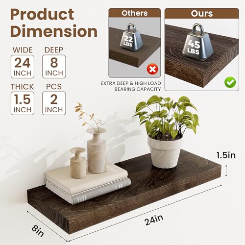 Image of Acovy Extra Deep 24 inch Long Rustic Solid Wood Floating Shelves for Wall, Wall Shelves with Invisible Bracket for Living Room Bathroom Bedroom Kitchen, Set of 2, Walnut
