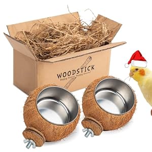 WOODSTICK Coconut Pet Feeder Bowl Set – Removable Stainless Steel Cup – Hanging Pet Cage Bowl – Food & Water Feeder Coop Cup for Small Animals Birds, Ferrets, Hamsters, Chinchillas, 2pcs