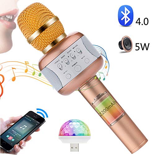 Preisvergleich Produktbild SHENGY Mikrofon mit Disco-Beleuchtung, kabelloser Karaoke-Mikrofon-Bluetooth-Lautsprecher, 2200-mAh-Akku mit großer Kapazität, für Familien- und Partykinder im Freien,Gold