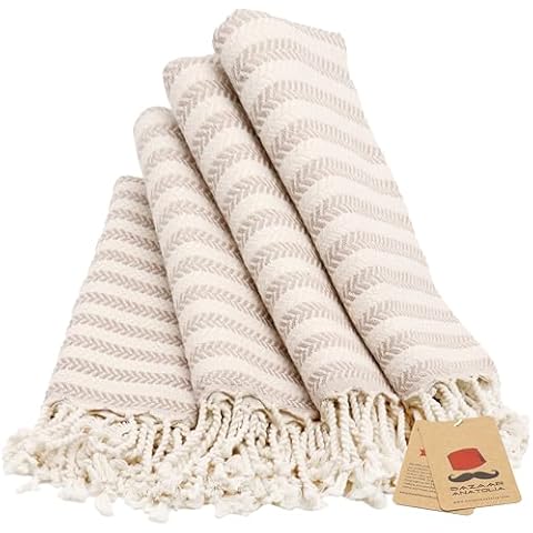 Bazaar Anatolia Hand Towels - Set of 4 | 39" x 19" - Striped Turkish Hand Towel for Bathroom, 100% Cotton, Kitchen, Face, Hair, Tea, Dishcloth, Guest Towels Cream - Arpa Beige Cover