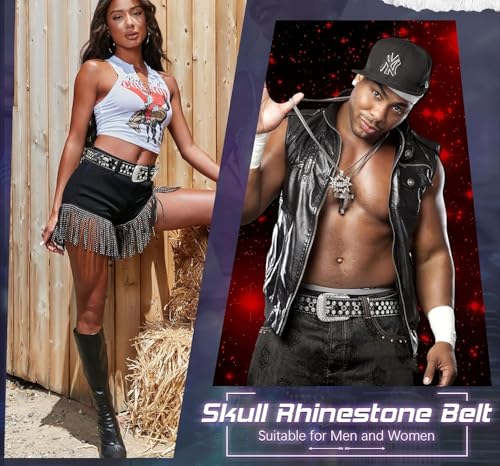 Skull Rhinestone Belt for Men Women, Genuine Leather Bling Diamond Sequin Studded3