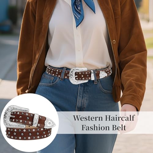 Women's Haircalf Leather Belt - Western Style with Floral Buckle & Studs for Jeans Pants3