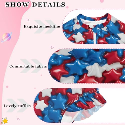 Independence Day Star Pattern Girls One Piece Rash Guard Swimsuit, Girls Long Sleeve Swimwear for 3-12Y4