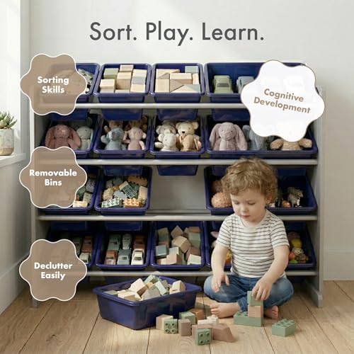 Image of Humble Crew Toy Storage Organizer with 16 Removable Storage Bins for Kids Playroom, 4-Tier Toddler Toy Organization, Grey /Navy