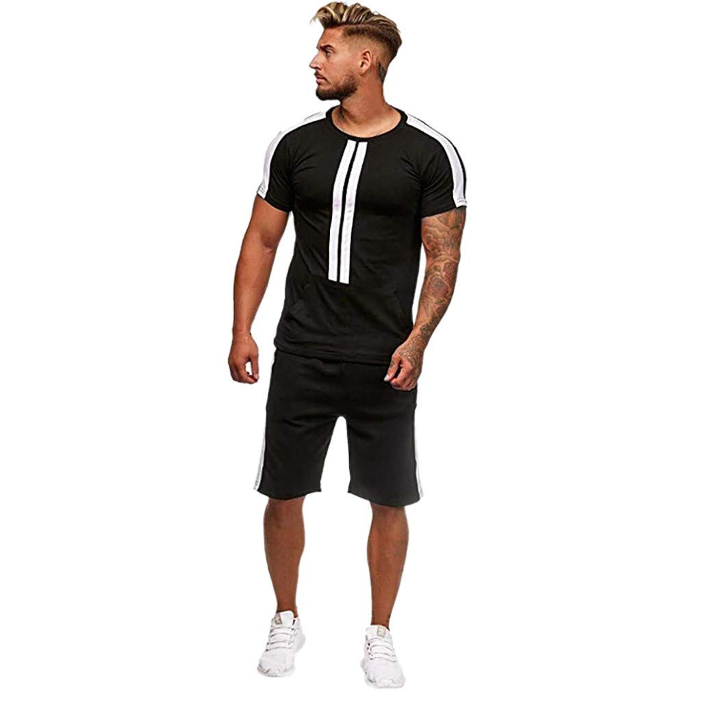 riou Chandal Hombre Verano Camiseta + Pantalones Corto，Conjunto Deportivo para Hombre Ejercicio FíSico AlgodóN Empalme Raya Manga Corta Chándale
