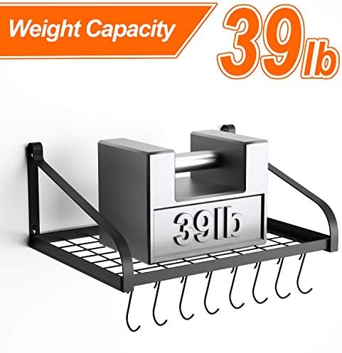 Love-KANKEI Kitchen Shelves, Wall Mount Pot Pan Racks, Wall Shelves Organizer with 16 Hooks for Kitchen Utensils, Set of 2, Black