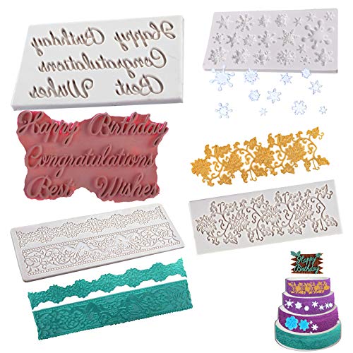 Fondant Molds Silicone Lace Snowflake Happy Birthday Gum Paste Mold for Sugarcraft Cupcake Topper Cake Decorating Handmade Baking Tools 4 Pack