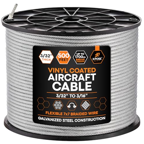 Image of Xpose Safety 7x7 Vinyl-Coated Galvanized Steel Aircraft Cable - 500 ft Wire for Pulley Systems, Winches, Marine & Boat Wire, Deck Railing, Cable Railing, Fencing, DIY Projects