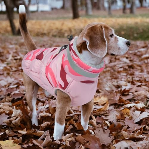 Image of Lelepet Dog Winter Coat Dog Coats for Large Dogs Waterproof Dogs Jacket | Reflective Cold Weather Coats with Harness Windproof Zip-Up Winter Fleece Vest Pet Snowsuit Boxer Pink Camo XL