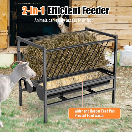 BREUAILY Heuraufe Pferd Metall Groß Heu & Getreide Futterraufe Heavy-Duty Ohne Abfall Freistehende Ziegen Heuraufe Futterspender für Schafe Ziegen Pferde Vieh 107*65*90cm