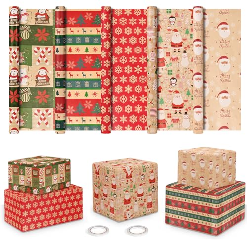 HAMOHTE Geschenkpapier Weihnachten 5 Rollen 43cm x 300cm Weihnachtsgeschenkpapier Recycelbares Nature Kraftpapier Weihnachtspapier Weihnachts Geschenk Papier Kinder Geschenkverpackung für Xmas