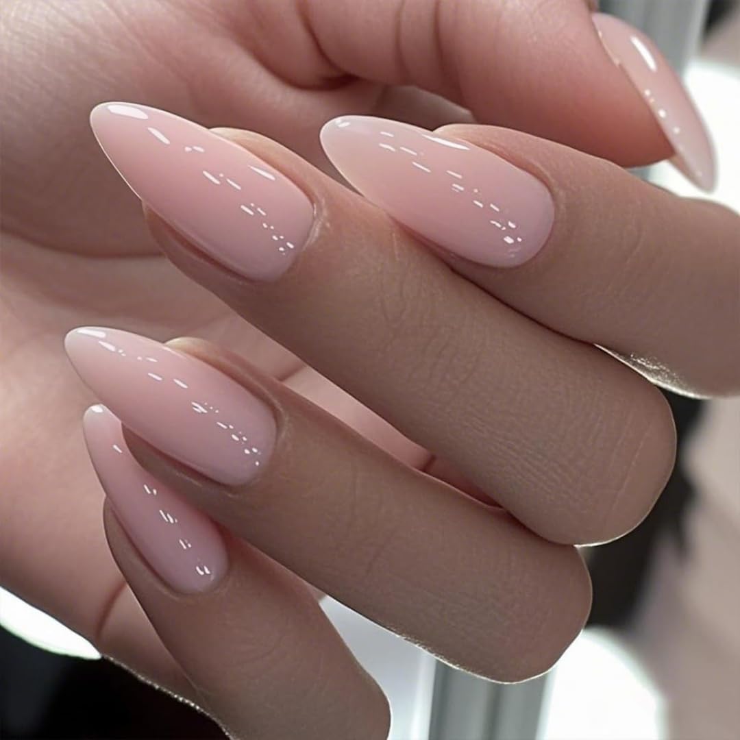 KQueenest Soft Gel Press on Nails Almond Medium, Dusty Light Pink False Nails Almond, Glossy Solid Nude Pink Fake Nails Set