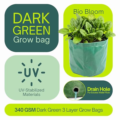 Image of Bio Blooms Round HDPE Grow Bag for Terrace & Kitchen Gardening | Pack of 10 | 18x12 | 340 GSM Heavy Duty Outdoor Planter for Vegetables, Flowers & Plants (Olive Green)