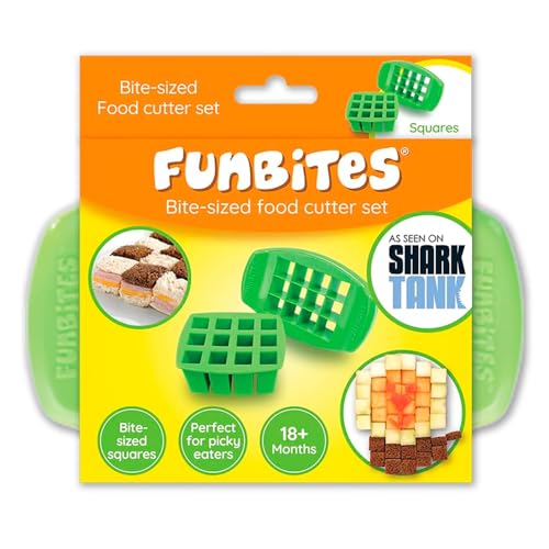 Image of FUNBITES Crustless Sandwich Cutter for Kids Lunch (2-piece set), Uncrustable Sandwich Cutter, Bite-Size Food Cutter for Toddlers, Bento Box Accessories, BPA-FREE Dishwasher Safe, Green Squares 1pk