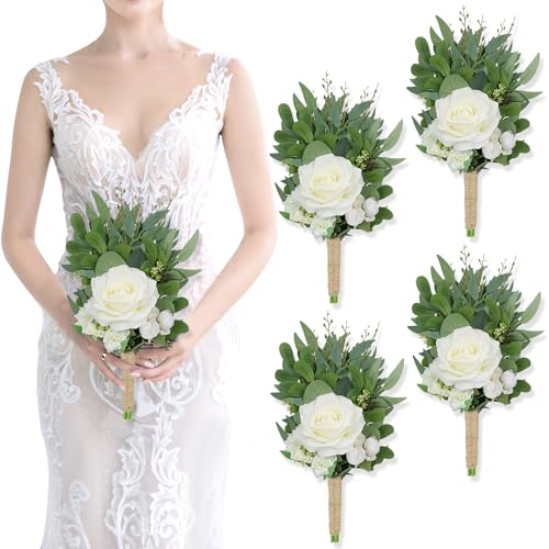 SEMONONIA 8 Inch Bridesmaid Bouquets Set of 4 - Ivory Artificial Flowers Greenery Bouquet for Wedding, Silk Small Floral Bouquet for Ceremony and Anniversary Marriage Proposal Centerpiece Decorations