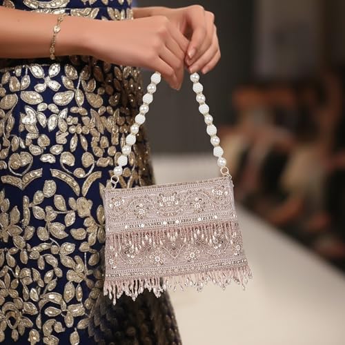 Image of Nevis PU Silk Fabric Women's Embellished bride Clutch with Pearl Handle | Fancy Designe & Wedding Potli Bag for Festive & Evening