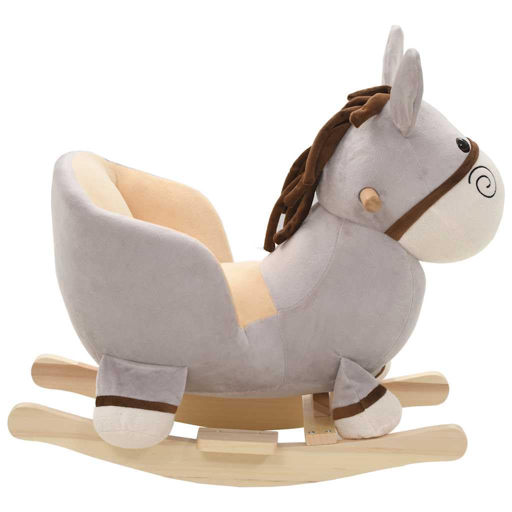 Animale a dondolo per bambini, con schienale e base in legno, morbido peluche, 60 x 32 x 55 cm, grigio
