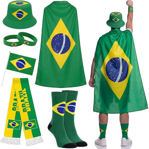 Newcotte 2026 Soccer Fan Support Kit 3x5 ft Soccer Country Flag with Patriotic Country Cape Socks Scarf Hat Wristbands Hand Wave Flag for Sport Party Fans Cheering Accessories(Brazil)