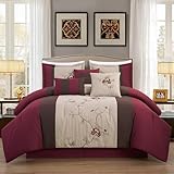 Chezmoi Collection Vienna 7-Piece Embroidered Floral Comforter Set (King, Burgundy Taupe Brown)