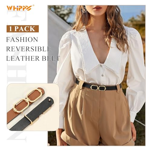 WHIPPY Women Reversible Leather Belts for Jeans Pants Fashion Skinny Belt Ladies Waist Belt with Gold Buckle2