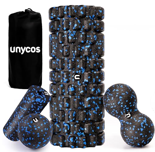 unycos - Rodillo para Masajes Musculares Texturizado | Set 4 en 1 con Foam Roller Pequeño - Bolas de Masaje Individual y Doble en Espuma EPP para Relajar/Recuperar Músculos, Fascitis Plantar, Fitness