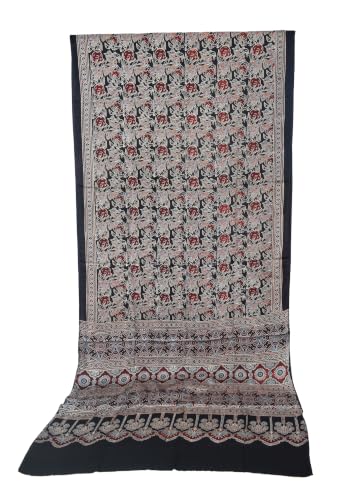 Image of Ethnics of Kutch Womenss Ajrakh Modal Silk Natural Dye Hand Block Print Saree with Blouse Piece - 5.5 Mtr Length (Black 03601D)