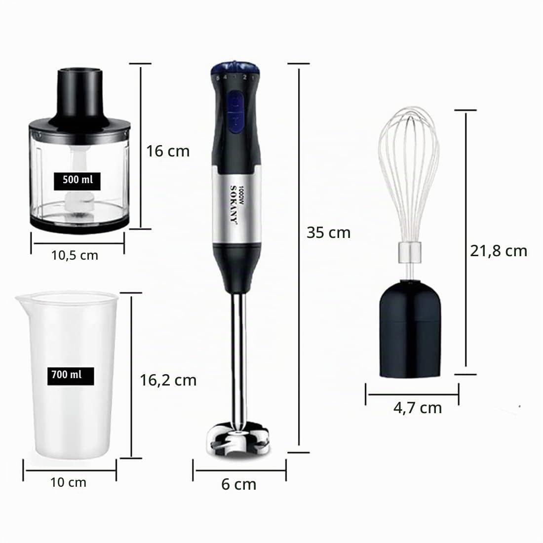 SOKANY Frullatore Immersione 1000W 4-in-1 frullatore multifunzionale, Frullatore (bicchiere 700 ml), Tritatutto (500 ml), Frusta per montare, 2 velocità, zuppe, yogurt, salse, Frusta, Senza BPA