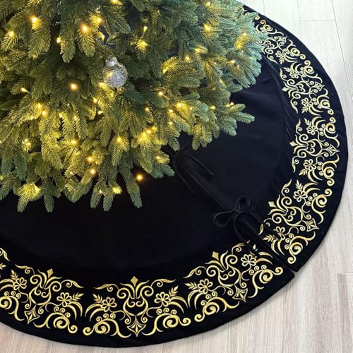 Viktorianischer Weihnachtsbaumrock aus Samt mit goldener Damast-Stickerei und Plüschband-Verschluss
