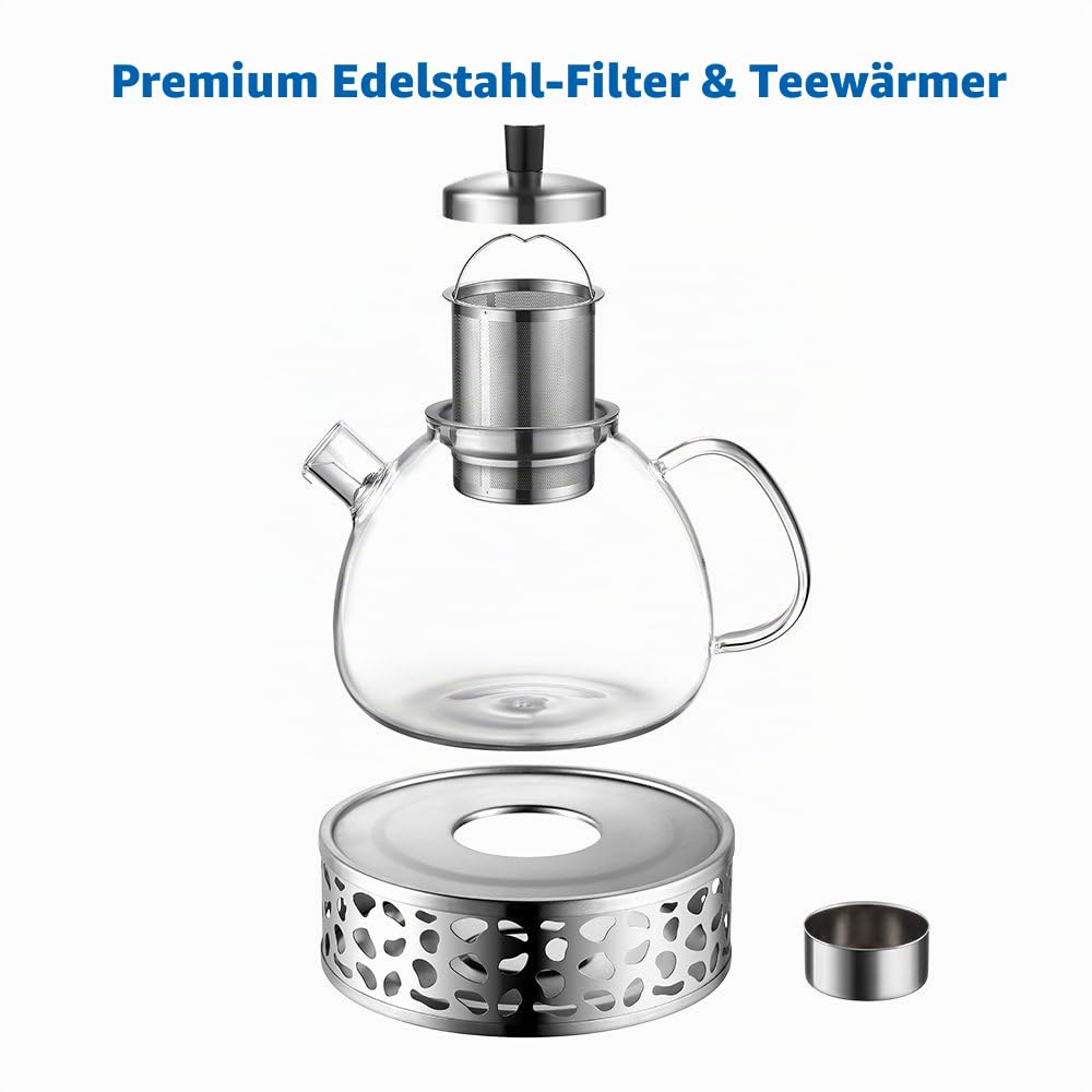 Ecooe 1.5L Teekanne mit Stövchen, Teekanne Glas und Teewärmer Edelstahl
