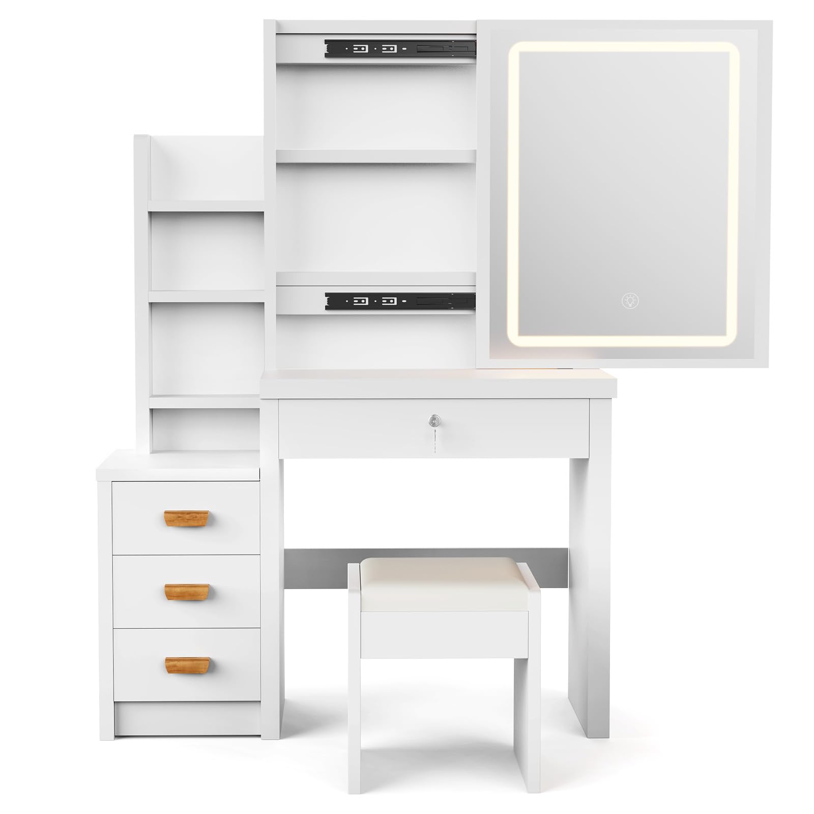 Schminktisch Weiß, Kosmetiktisch mit Spiegel & Hocker, Frisierkommode mit LED-Beleuchtung Set, Frisiertisch mit 4 Schubladen, Schlafzimmermöbel Vanity Set, 135 * 80 * 36cm