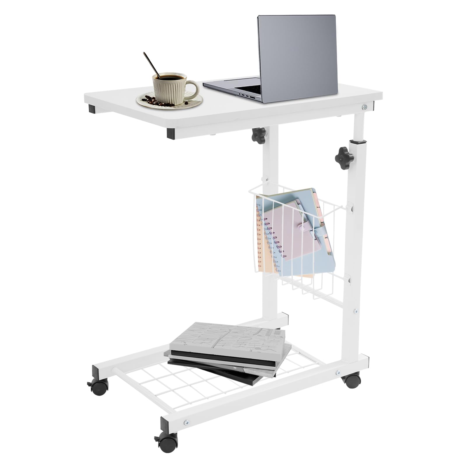 CNCEST Adjustable Bed Side Table, 2 Tiers Side Table with Wheels, C-Shaped Mobile Standalone Tables for Restaurants, Living Rooms, Studies, Kitchens (Pure White)