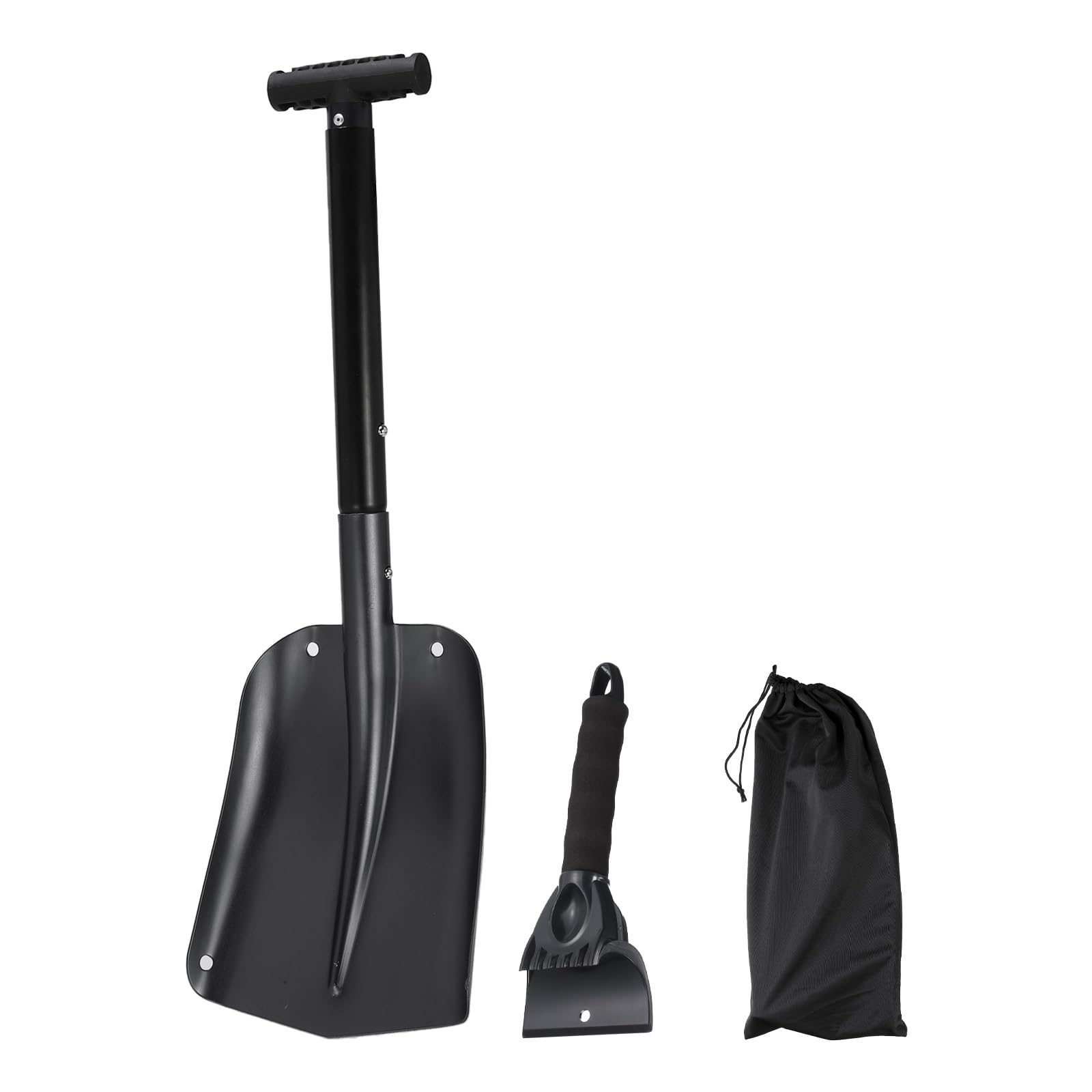 QUARKZMAN Schneeschaufel 3-In-1 Aluminium Schneeschaufel Eiskratzer Schwarz | Notfall Schneeräumungsset, Mit Aufbewahrungstasche, Für Auto Camping Gartenarbeit