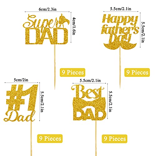 Cavla 36 Pieces Glittery Happy Father's Day Cupcake Toppers Super Dad No.1 Dad Best Dad Fathers Day Cupcake Picks With Beard Tie Signs Father's Day Cupcake Decorations Dad's Day Party Supplies (Gold) #TOP1