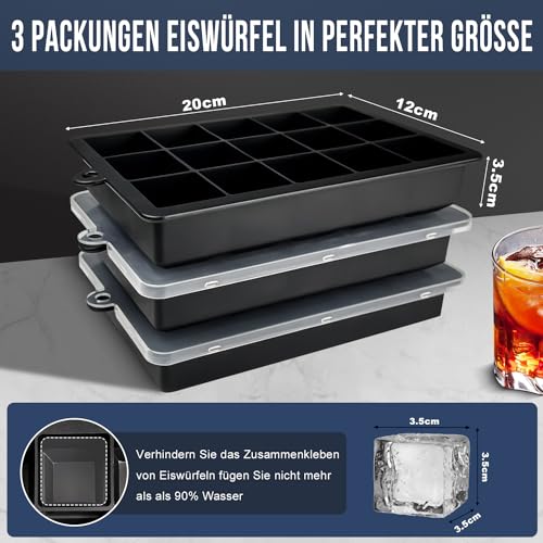Walfos® Silikon Eiswürfelform,3er-Pack flexible Eiswürfelformen mit Deckel, quadratische eiswürfelbehälter zum einfachen Lösen,BPA-frei… – Ansicht 2