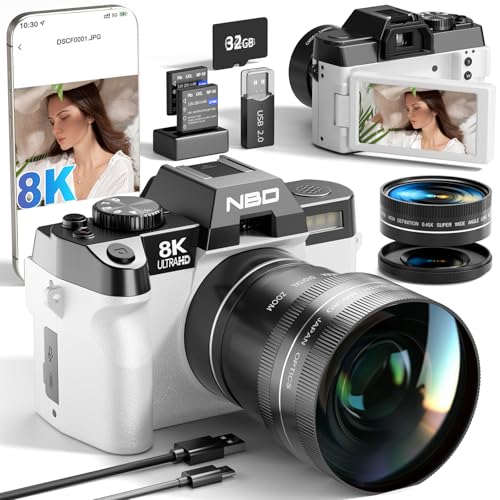 Image of NBD 8K 64MP Digital Cameras for Photography with 16X Zoom,2026 Upgraded Autofocus Vlogging Camera with 180Flip Screen,Point and Shoot Digital Cameras with 2 Batteries,64GB Card,52mm Macro Lens(White)