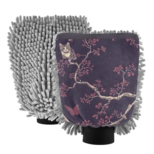 IOACIY Absorbent Microfiber Car Wash Drying Mitts, 2 Pack, Scratch-Free & Lint-Free, Rich Foam, Highly Absorbent, Double Sided, Wash Mitt Perfect for Car Washing, L, Cat (3)