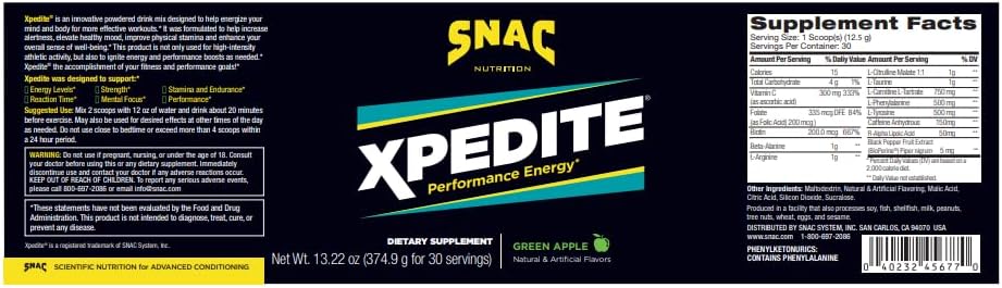 SNAC XPEDITE - Pre Workout Powder for Women & Men, Drink Supplement, Promotes Energy and Focus, Nitric Oxide Booster & Thermogenic, L-Carnitine, Beta Alanine, Green Apple Powder (30 Servings)