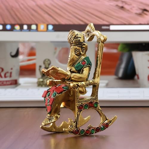 Image of KridayKraft Chair Ganesha ji Reading Book with Stone Work,Ganesha Metal Statue,Ganpati Murti Idol for Pooja & Home,Office Decor Ganesh Idol Religious Showpiece for Decoration & Gifting Article