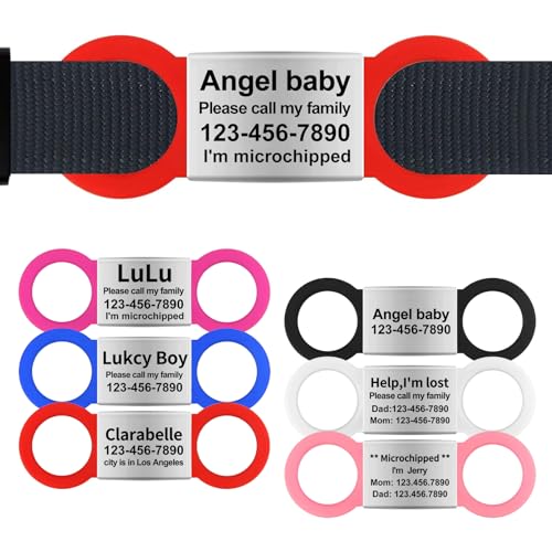 Silent Slide On Dog Cat ID Tags, Personalized Laser Engraved On Collar, Elastic Silicone Band and Stainless Steel Name Plate (Red, Medium)