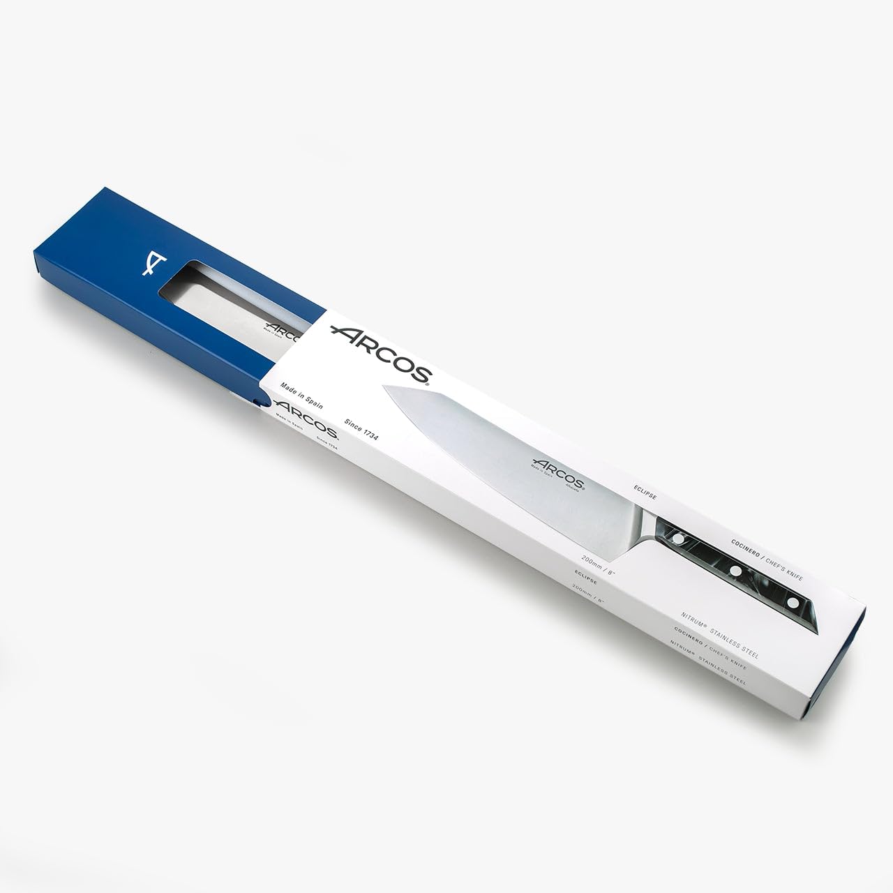 Arcos Serie Eclipse - Cuchillo de Chef - Hoja de Acero Inoxidable Forjado con Filo Seda Plus de 200 mm - Pulido Brillo Especial - Mango Acrílico - Color Negro