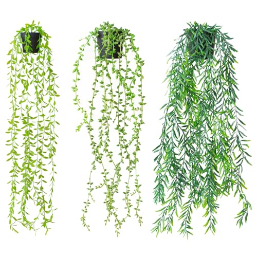 LoNinLoAn 3 Stück Künstliche Hängepflanze mit Töpfen, 68-88 cm Kunstpflanze Hängend, Künstliche Pflanzen Rebe Deko, Wartungsfreie Efeu für Indoor Outdoor Draußen Garten Deko