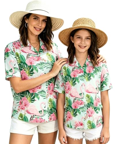 Image of SANGTREE Girls & Women's Hawaiian Shirts Button Down Short Sleeve Floral Tropical Shirt Beach Vacation Blouse Tops