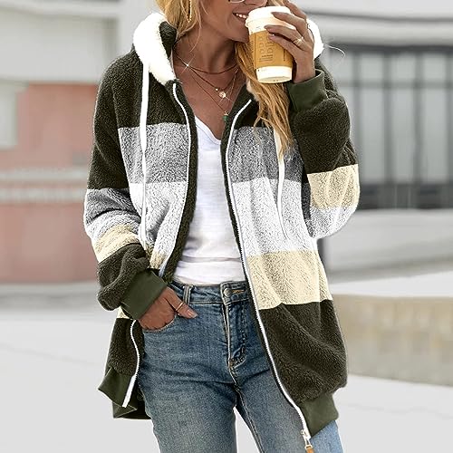 Fuzzy Fleece Jackets for Women Plus Size Hoodies Fall Winter Coats Color Block Patchwork Cardigan Coat with Pockets