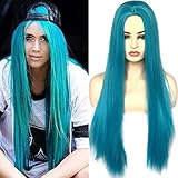 BLUPLE Long Straight Wigs Teal Blue Color Natural Heat Resistant Synthetic Hair Middle Part Wigs for Cosplay Daily Wear 22 inches (No Lace Wig)